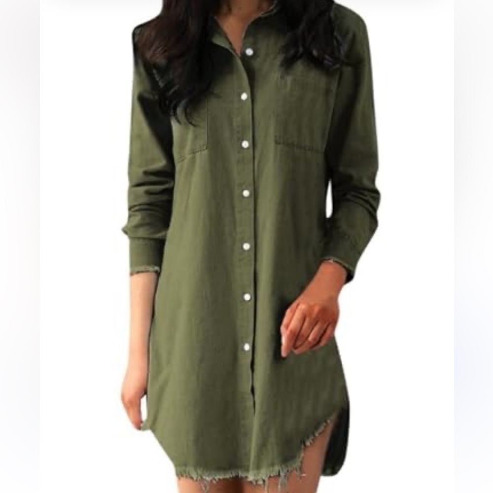 Zilcremo Olive Green Long Sleeve Button Down‎ shirt Dress/tunic size XL